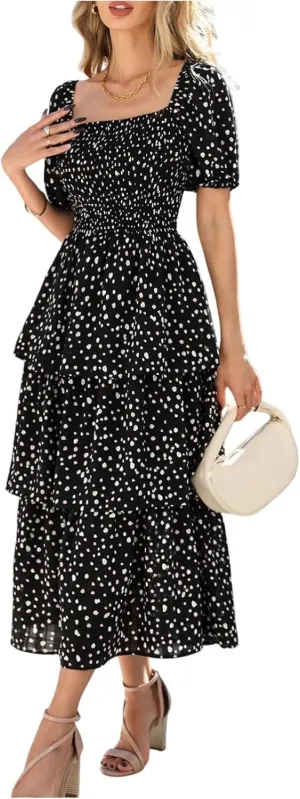 Maxi Dresses for Women 2025 Smocked Tiered Floral Midi Dress Layered Square Neck Puff Sleeve Empire Waist Dress