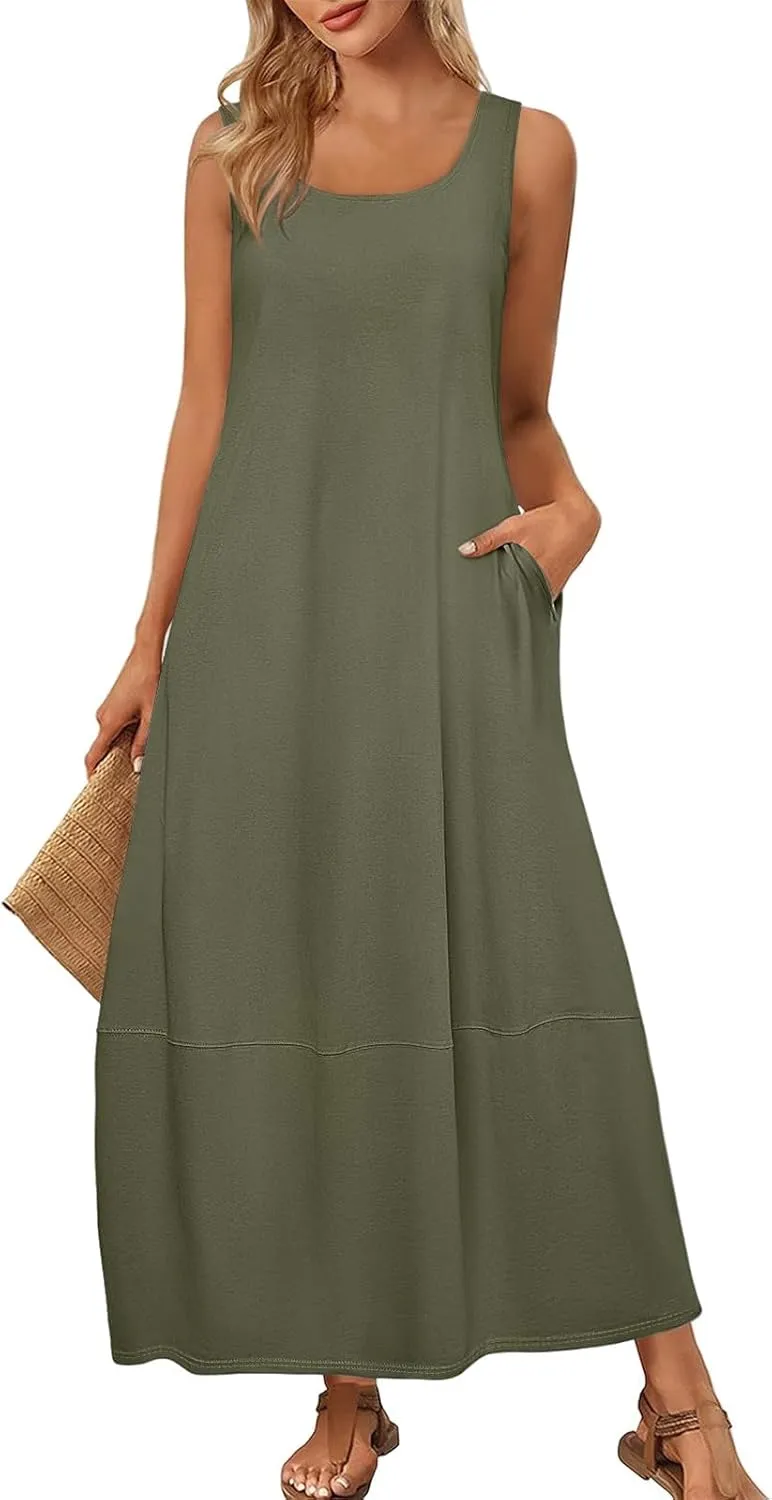 Maxi Dresses for Women 2025 Summer Beach Vacation Boho Dress Plus Size Sleeveless Crewneck Sundresses with Pockets
