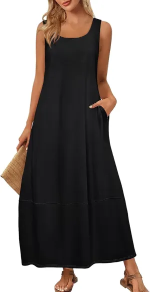 Maxi Dresses for Women 2025 Summer Beach Vacation Boho Dress Plus Size Sleeveless Crewneck Sundresses with Pockets