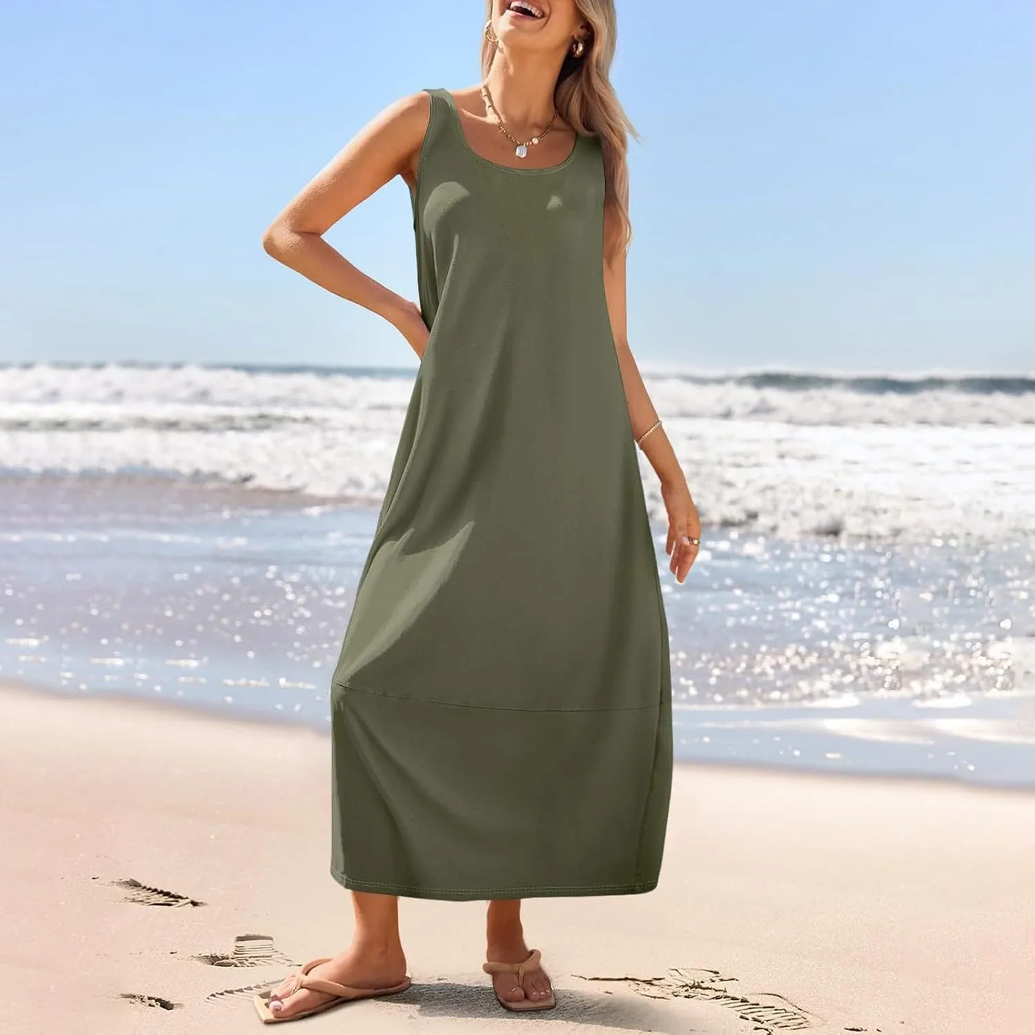 Maxi Dresses for Women 2025 Summer Beach Vacation Boho Dress Plus Size Sleeveless Crewneck Sundresses with Pockets