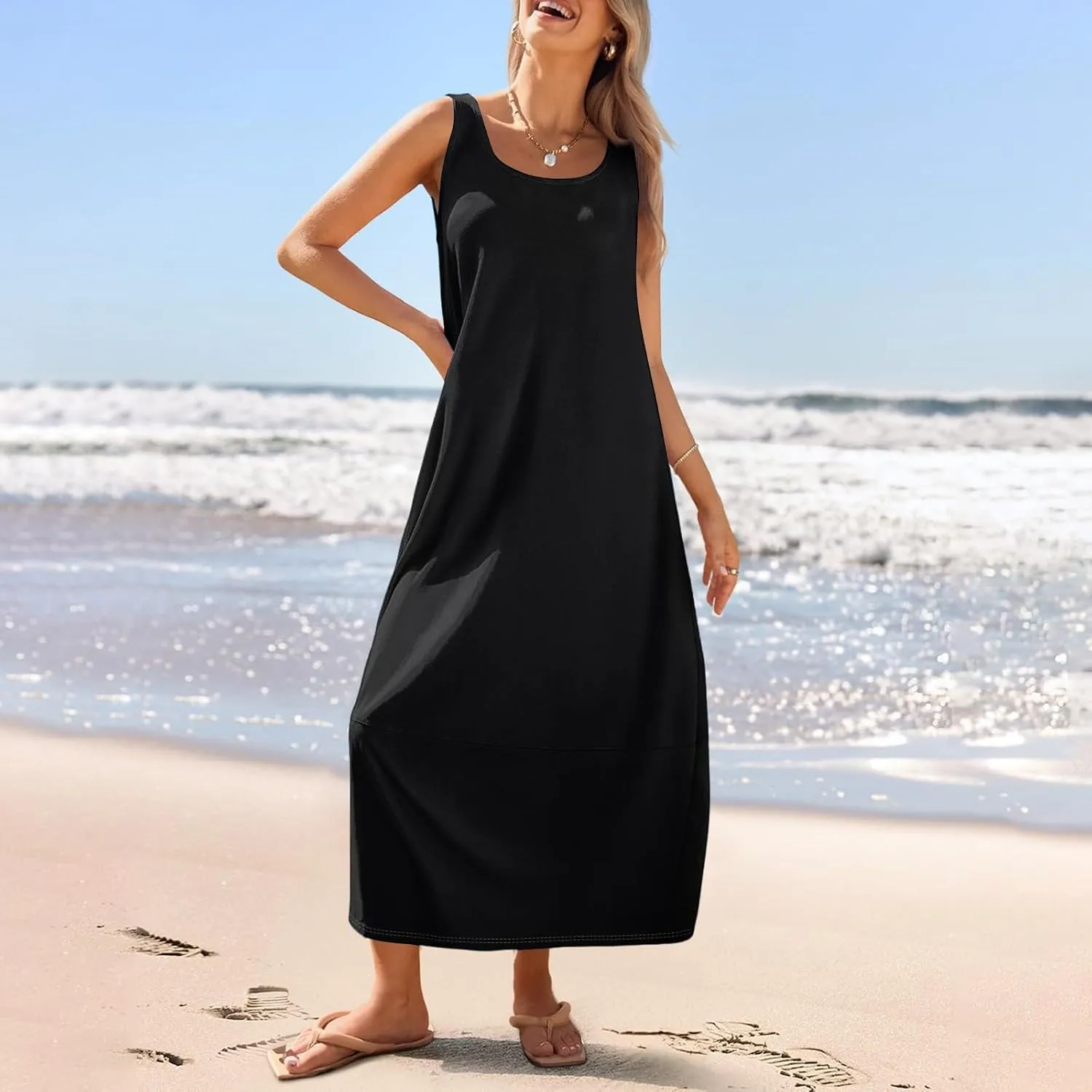 Maxi Dresses for Women 2025 Summer Beach Vacation Boho Dress Plus Size Sleeveless Crewneck Sundresses with Pockets