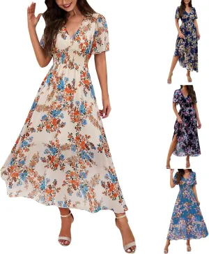 Maxi Dresses for Women 2025 Summer Floral V Neck Smocked Waist Wrap Dress Flowy Short Sleeve Casual Vacation Dresses