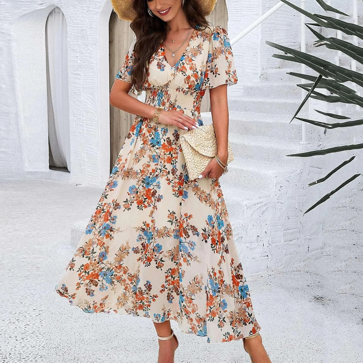 Maxi Dresses for Women 2025 Summer Floral V Neck Smocked Waist Wrap Dress Flowy Short Sleeve Casual Vacation Dresses