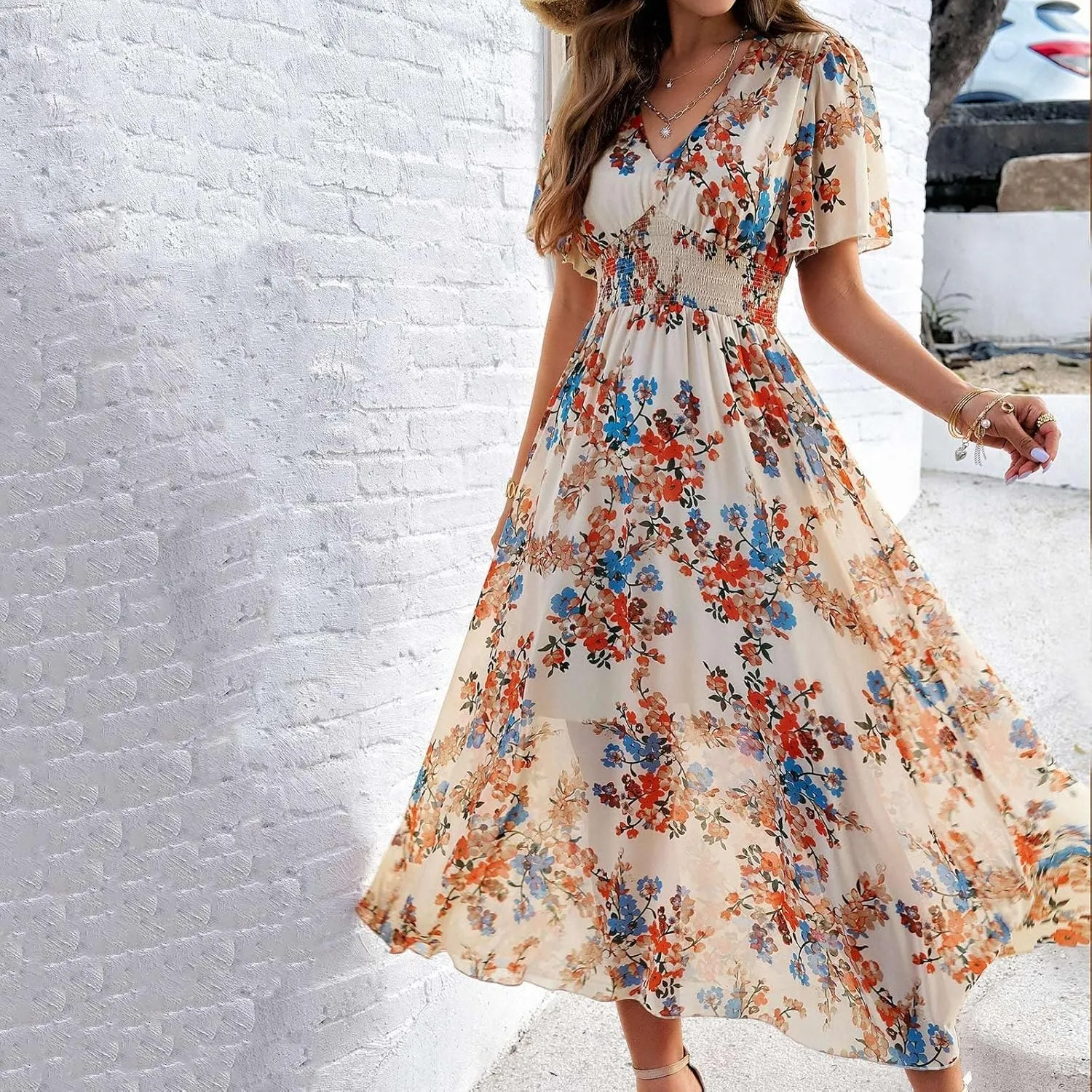 Maxi Dresses for Women 2025 Summer Floral V Neck Smocked Waist Wrap Dress Flowy Short Sleeve Casual Vacation Dresses