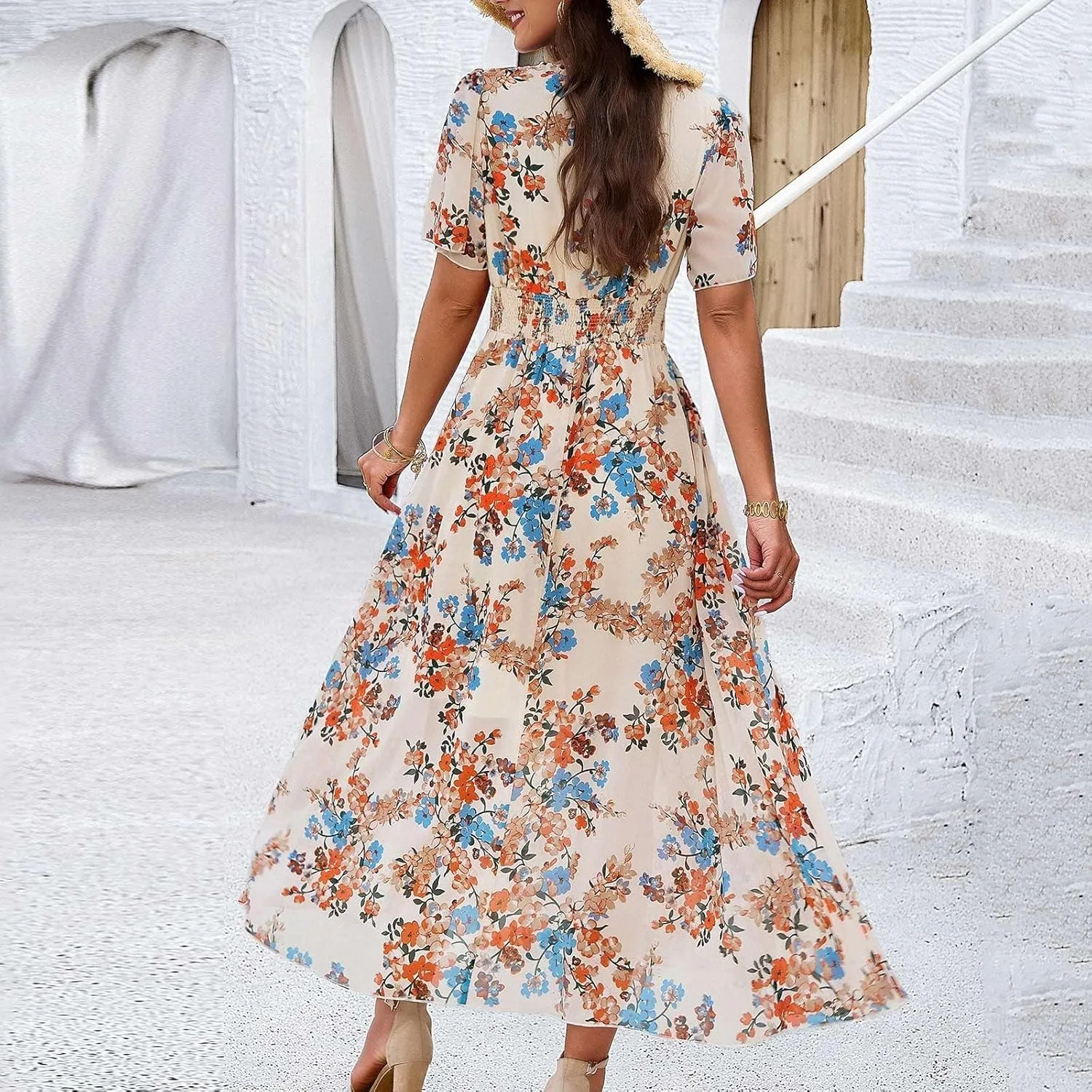 Maxi Dresses for Women 2025 Summer Floral V Neck Smocked Waist Wrap Dress Flowy Short Sleeve Casual Vacation Dresses