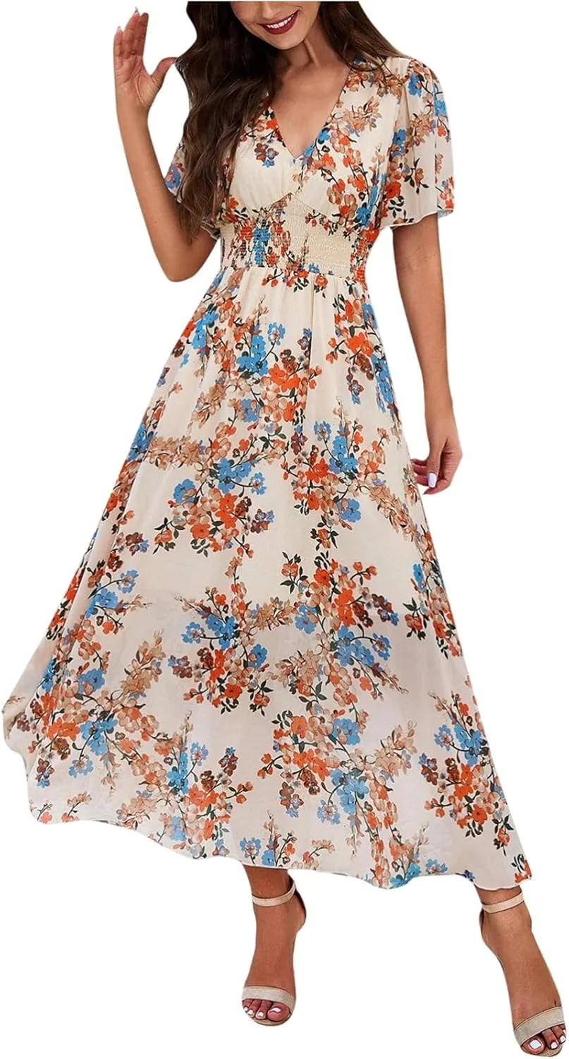 Maxi Dresses for Women 2025 Summer Floral V Neck Smocked Waist Wrap Dress Flowy Short Sleeve Casual Vacation Dresses