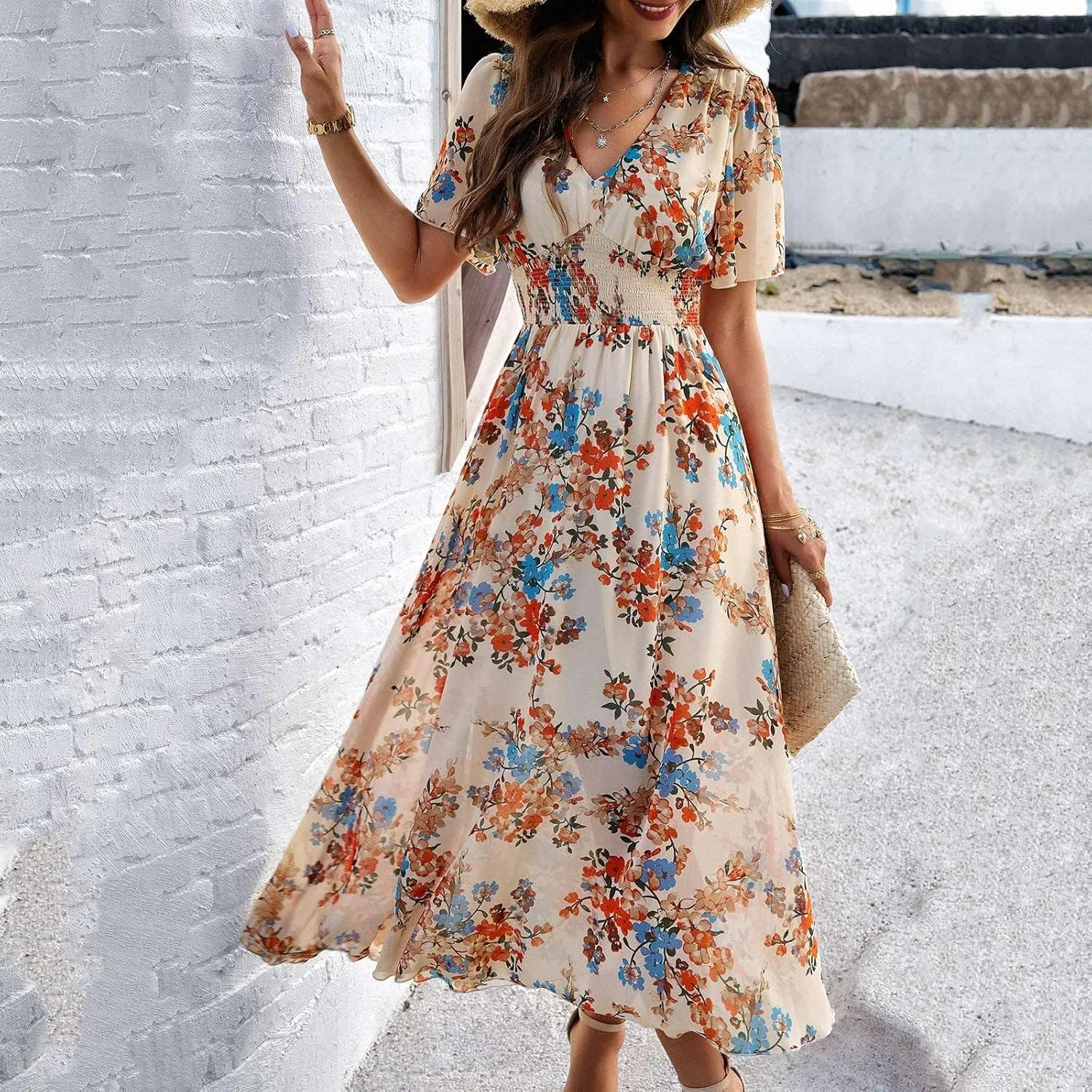 Maxi Dresses for Women 2025 Summer Floral V Neck Smocked Waist Wrap Dress Flowy Short Sleeve Casual Vacation Dresses