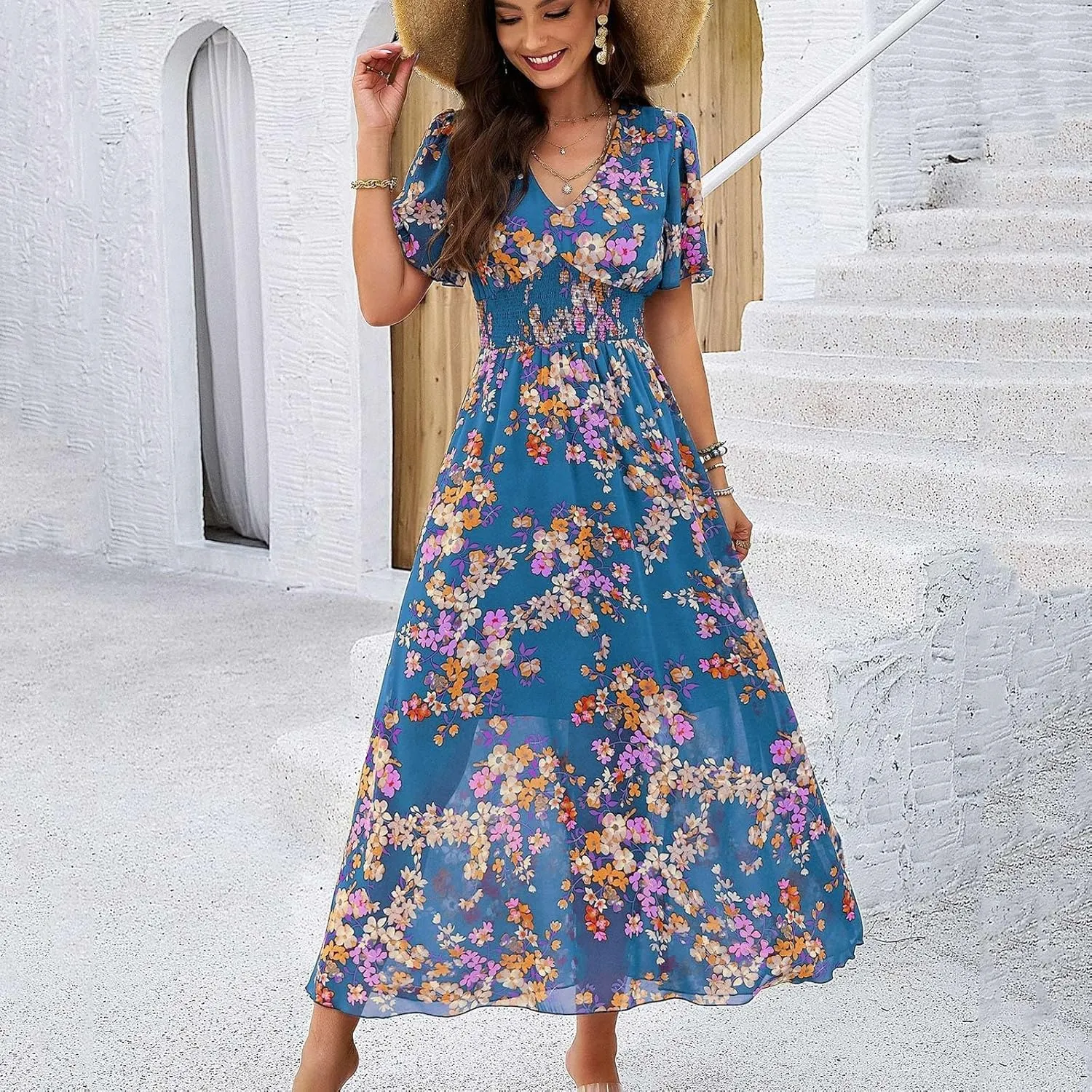 Maxi Dresses for Women 2025 Summer Floral V Neck Smocked Waist Wrap Dress Flowy Short Sleeve Casual Vacation Dresses