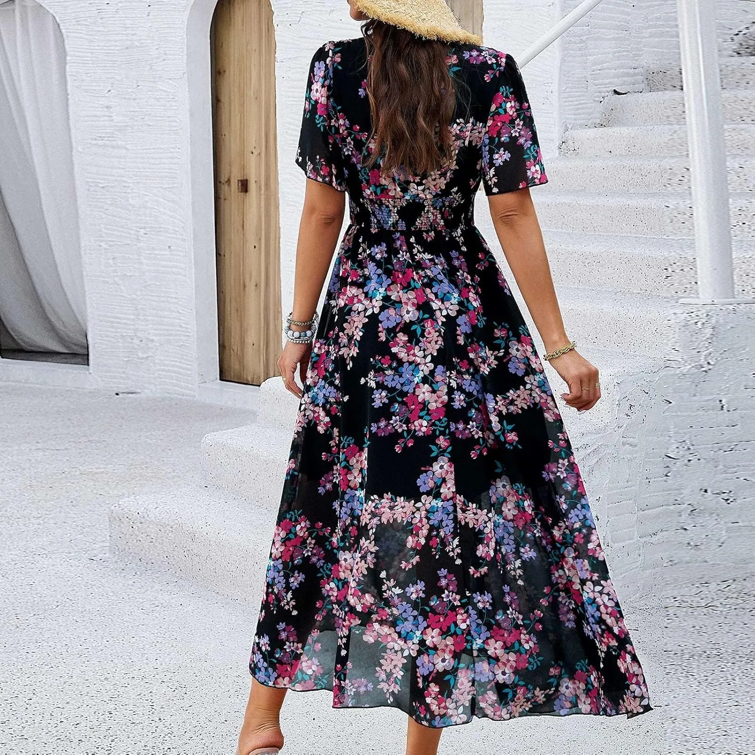 Maxi Dresses for Women 2025 Summer Floral V Neck Smocked Waist Wrap Dress Flowy Short Sleeve Casual Vacation Dresses