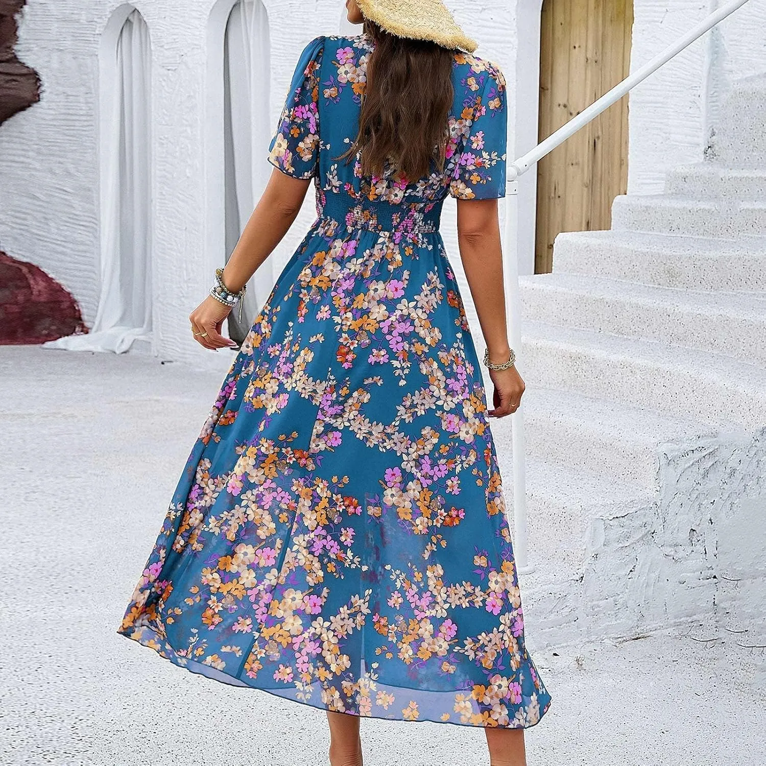 Maxi Dresses for Women 2025 Summer Floral V Neck Smocked Waist Wrap Dress Flowy Short Sleeve Casual Vacation Dresses