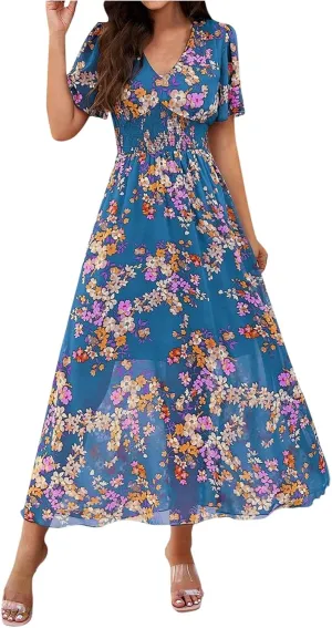 Maxi Dresses for Women 2025 Summer Floral V Neck Smocked Waist Wrap Dress Flowy Short Sleeve Casual Vacation Dresses