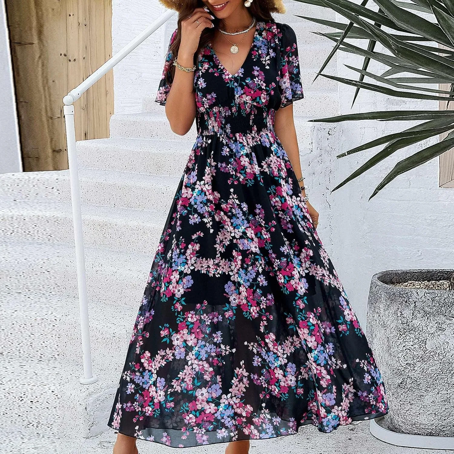 Maxi Dresses for Women 2025 Summer Floral V Neck Smocked Waist Wrap Dress Flowy Short Sleeve Casual Vacation Dresses