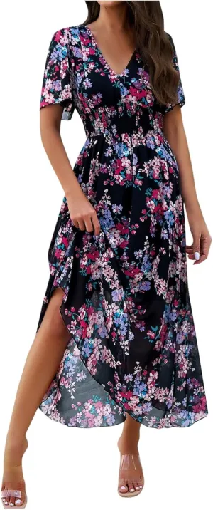 Maxi Dresses for Women 2025 Summer Floral V Neck Smocked Waist Wrap Dress Flowy Short Sleeve Casual Vacation Dresses
