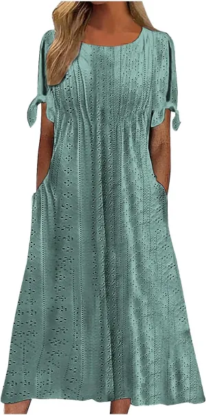 Maxi Long Dresses for Women 2025 Trendy Short Sleeve Eyelet Wedding Party Dress Casual Summer Beach Vacation Sundress