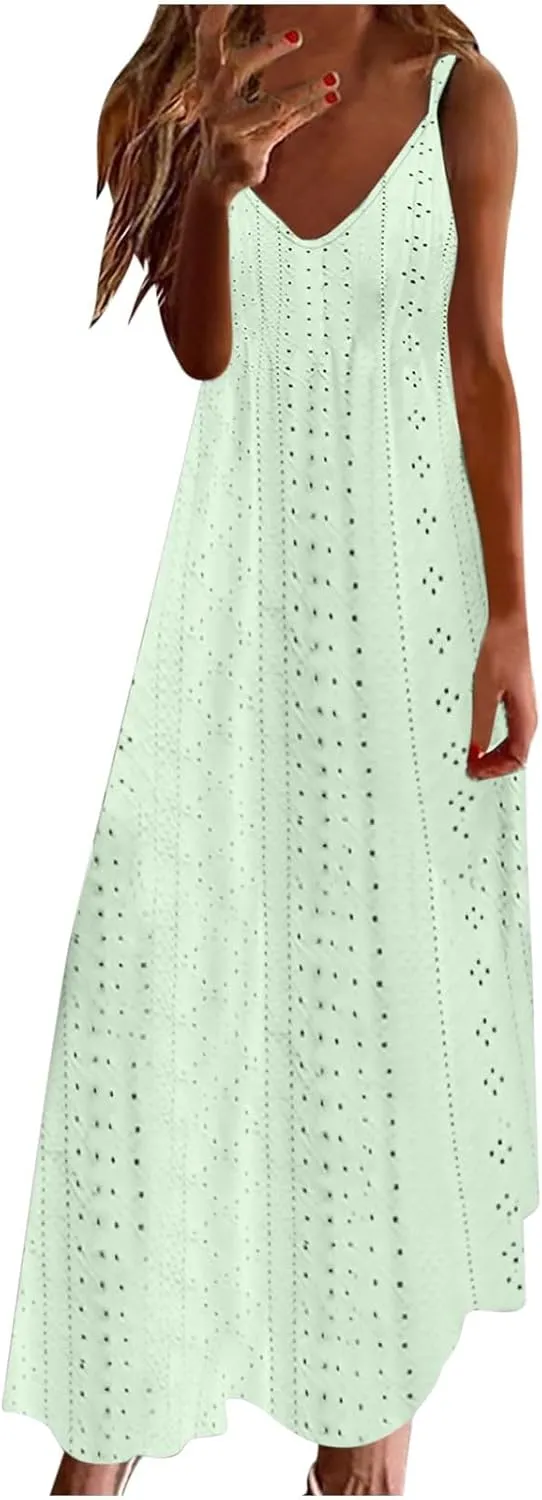 Maxi Long Dresses for Women 2025 Trendy Summer Casual V Neck Hollow Out Eyelet A Line Flowy Beach Vacation Dress