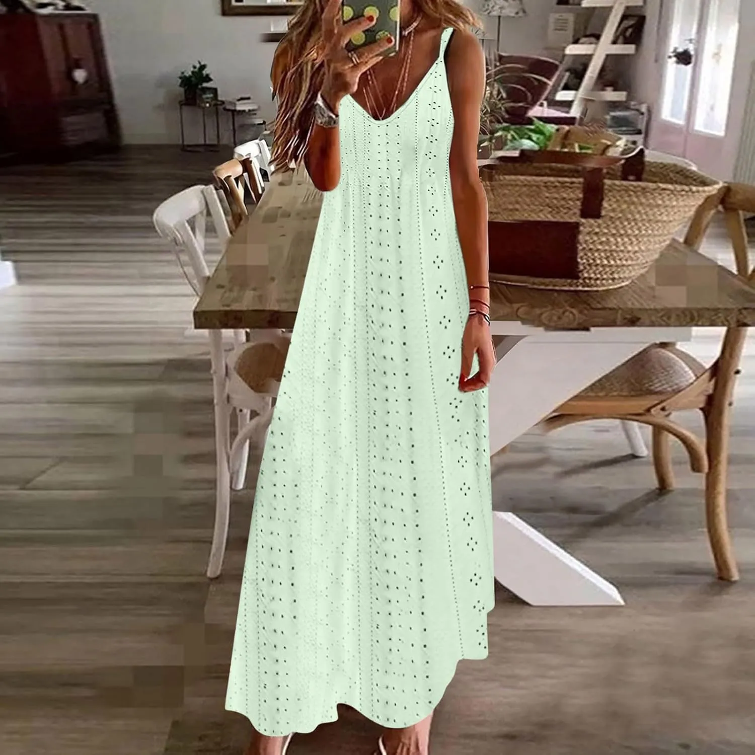 Maxi Long Dresses for Women 2025 Trendy Summer Casual V Neck Hollow Out Eyelet A Line Flowy Beach Vacation Dress
