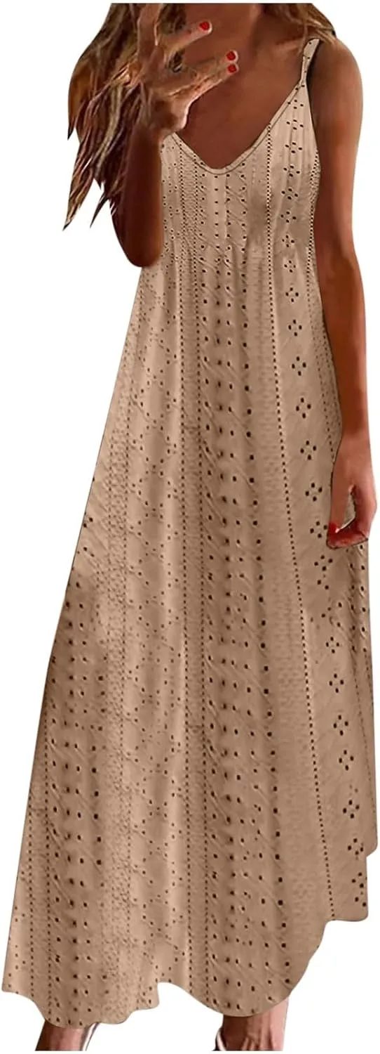 Maxi Long Dresses for Women 2025 Trendy Summer Casual V Neck Hollow Out Eyelet A Line Flowy Beach Vacation Dress