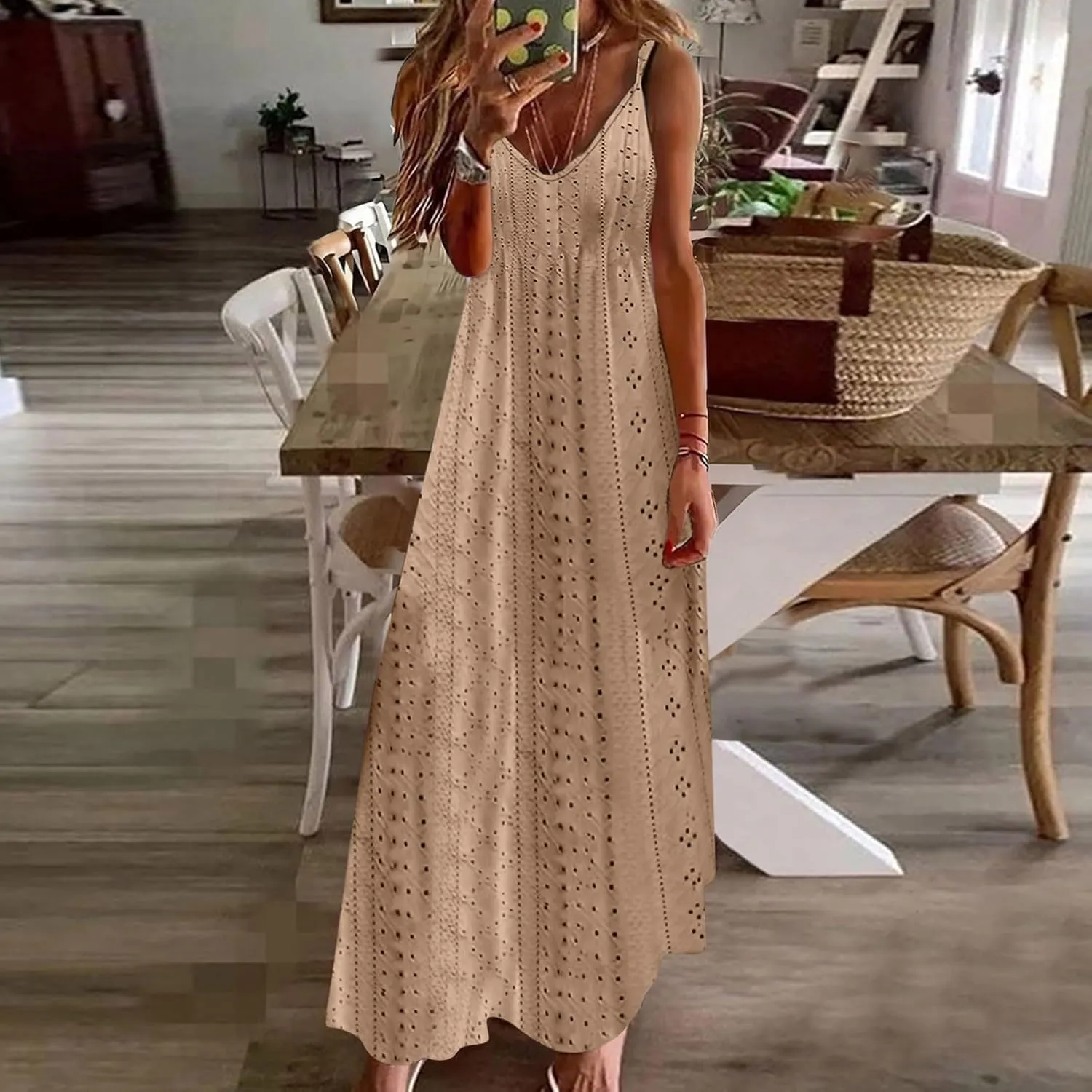 Maxi Long Dresses for Women 2025 Trendy Summer Casual V Neck Hollow Out Eyelet A Line Flowy Beach Vacation Dress