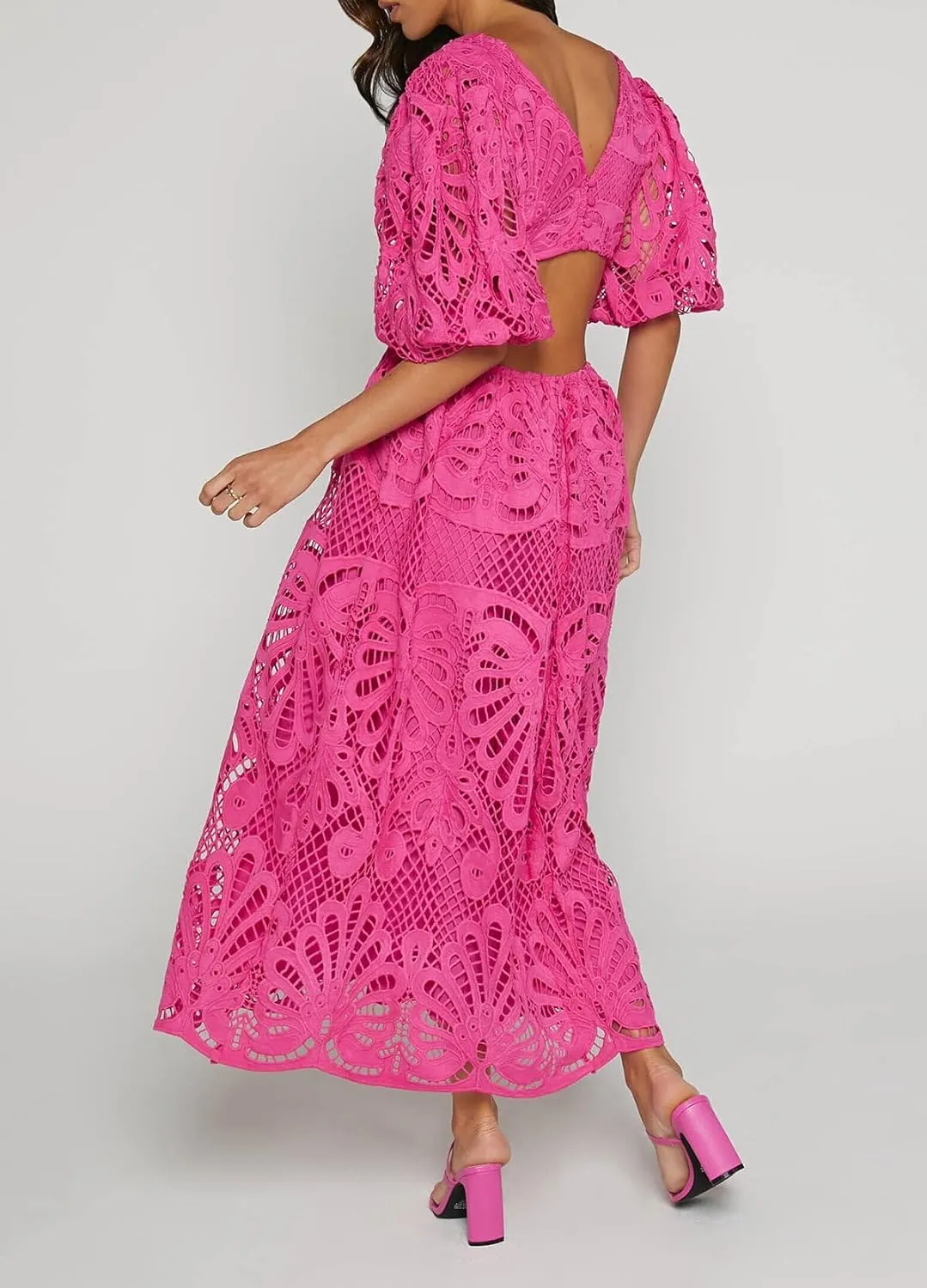 Melliflo Women 2025 Summer Puff Sleeve Maxi Dress Casual V Neck Hollow Out Eyelet Beach Sundress Swing A Line Boho Long Dress
