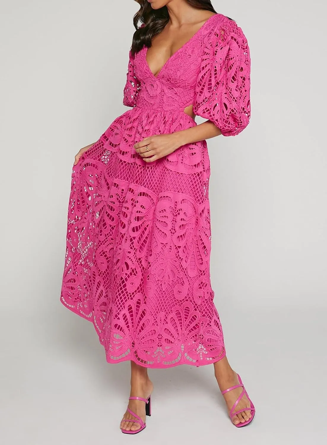 Melliflo Women 2025 Summer Puff Sleeve Maxi Dress Casual V Neck Hollow Out Eyelet Beach Sundress Swing A Line Boho Long Dress