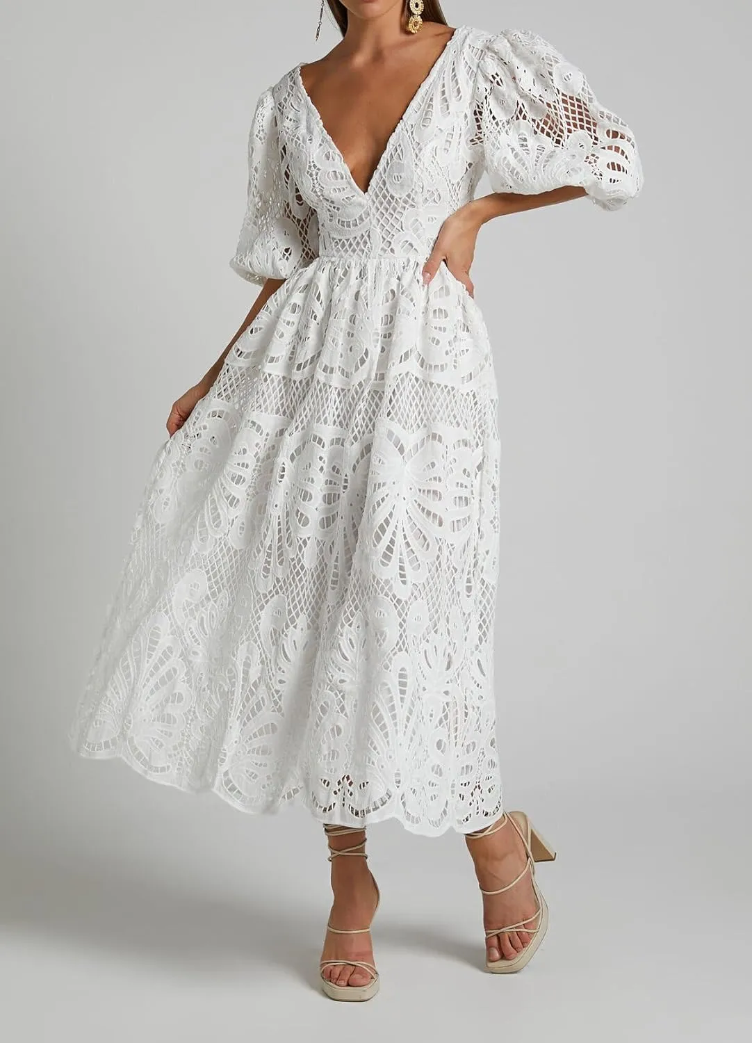 Melliflo Women 2025 Summer Puff Sleeve Maxi Dress Casual V Neck Hollow Out Eyelet Beach Sundress Swing A Line Boho Long Dress