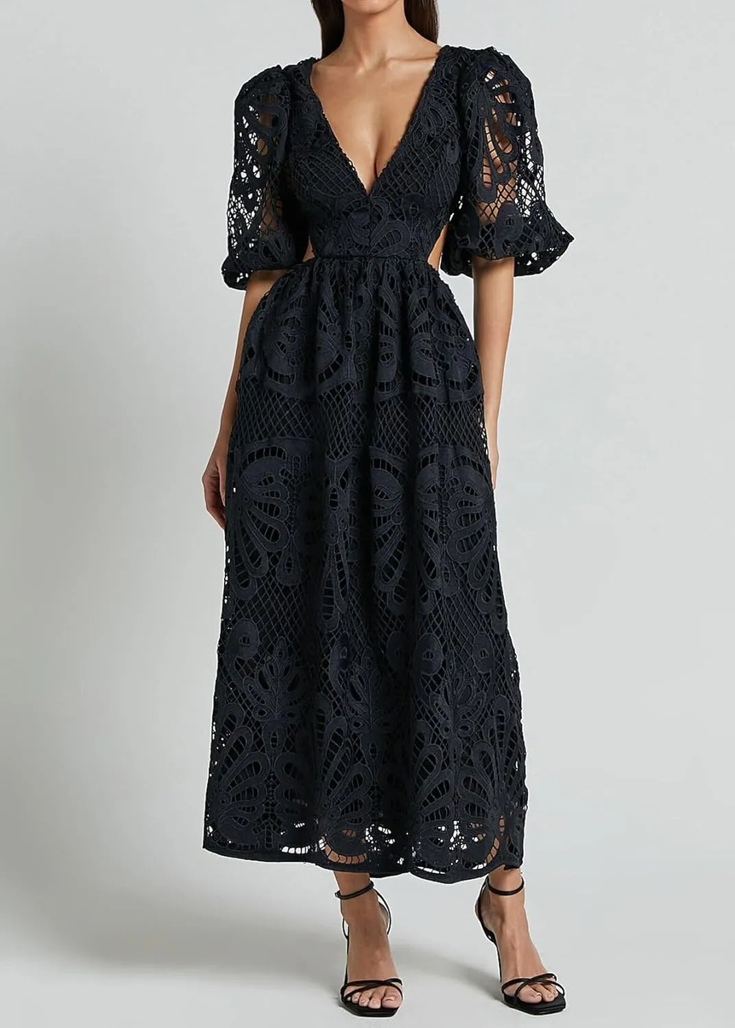 Melliflo Women 2025 Summer Puff Sleeve Maxi Dress Casual V Neck Hollow Out Eyelet Beach Sundress Swing A Line Boho Long Dress