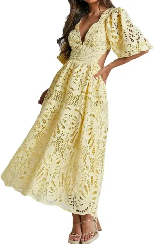 Melliflo Women 2025 Summer Puff Sleeve Maxi Dress Casual V Neck Hollow Out Eyelet Beach Sundress Swing A Line Boho Long Dress