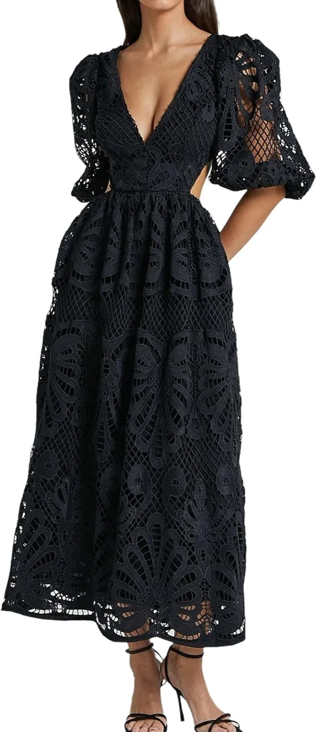 Melliflo Women 2025 Summer Puff Sleeve Maxi Dress Casual V Neck Hollow Out Eyelet Beach Sundress Swing A Line Boho Long Dress