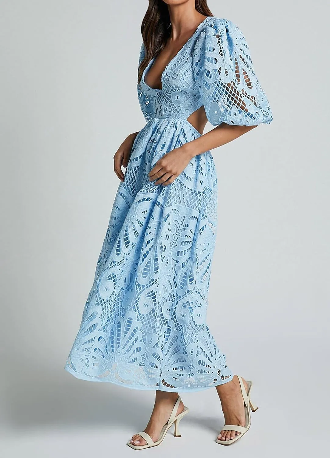 Melliflo Women 2025 Summer Puff Sleeve Maxi Dress Casual V Neck Hollow Out Eyelet Beach Sundress Swing A Line Boho Long Dress