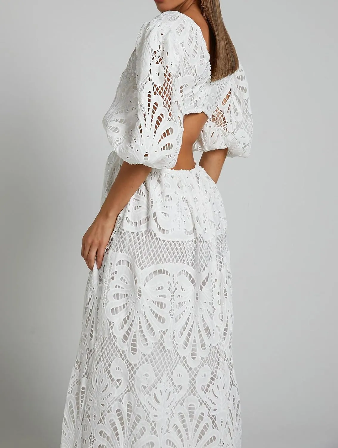 Melliflo Women 2025 Summer Puff Sleeve Maxi Dress Casual V Neck Hollow Out Eyelet Beach Sundress Swing A Line Boho Long Dress