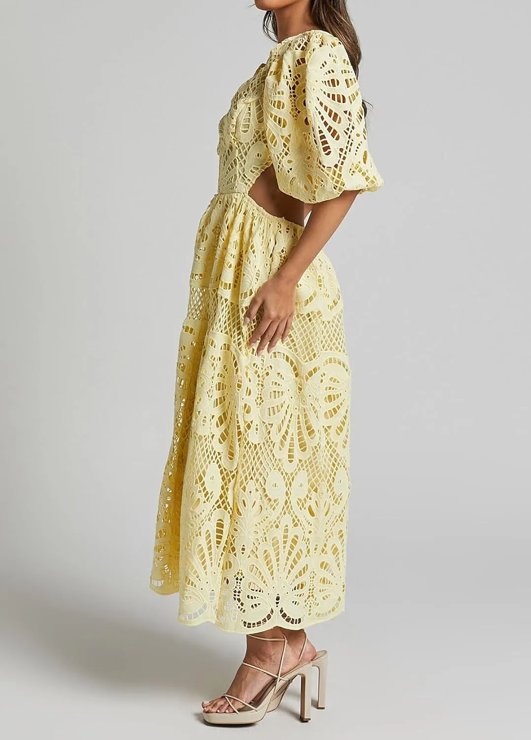 Melliflo Women 2025 Summer Puff Sleeve Maxi Dress Casual V Neck Hollow Out Eyelet Beach Sundress Swing A Line Boho Long Dress