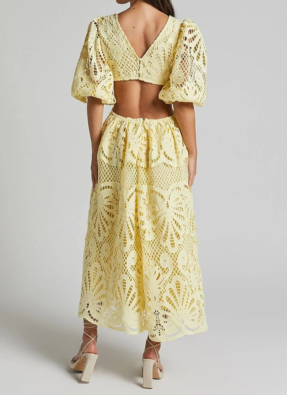 Melliflo Women 2025 Summer Puff Sleeve Maxi Dress Casual V Neck Hollow Out Eyelet Beach Sundress Swing A Line Boho Long Dress
