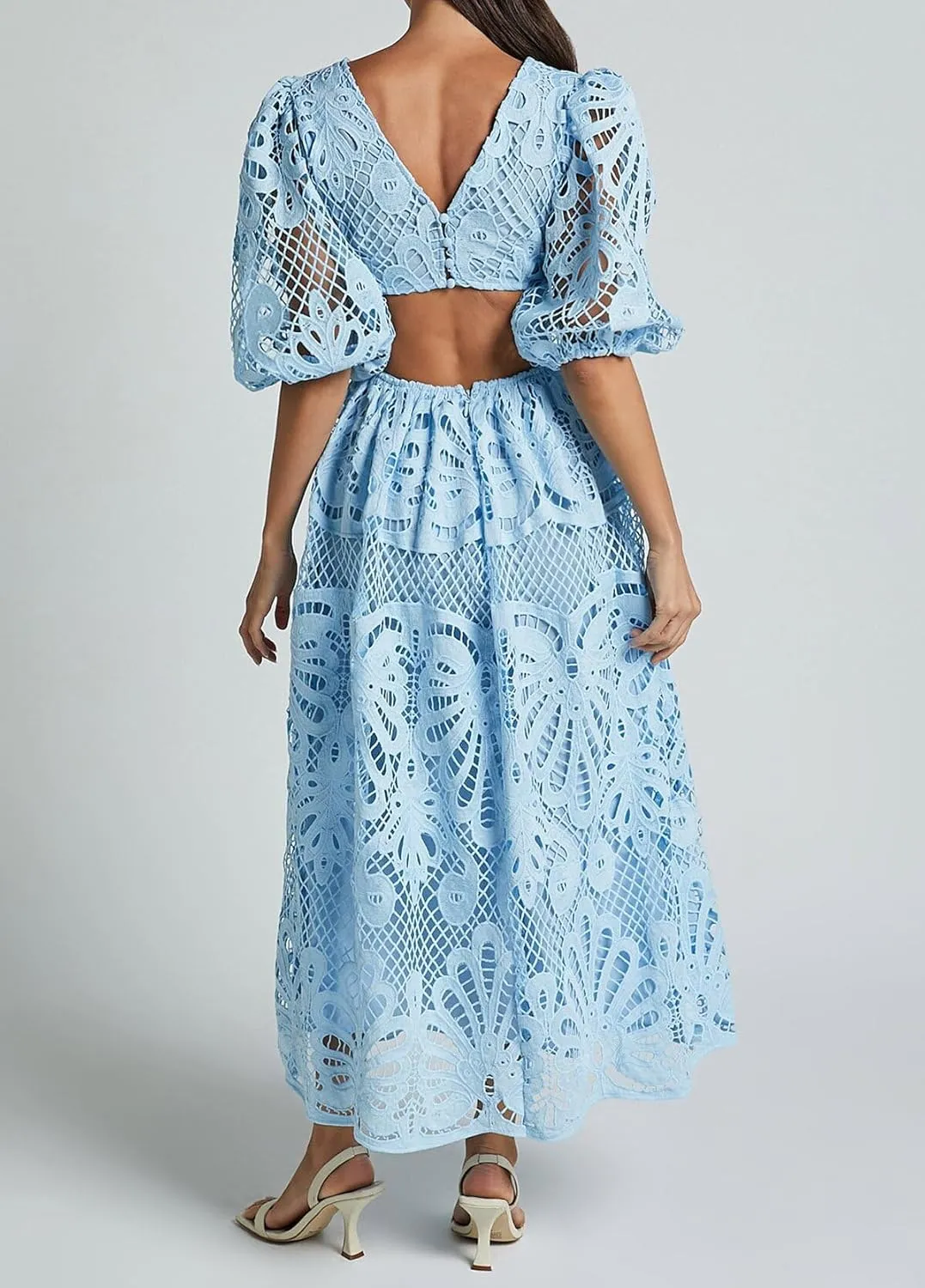 Melliflo Women 2025 Summer Puff Sleeve Maxi Dress Casual V Neck Hollow Out Eyelet Beach Sundress Swing A Line Boho Long Dress