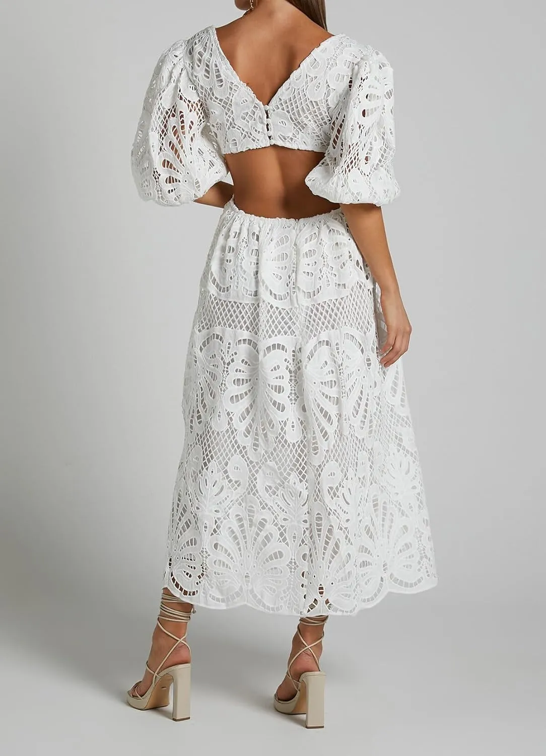 Melliflo Women 2025 Summer Puff Sleeve Maxi Dress Casual V Neck Hollow Out Eyelet Beach Sundress Swing A Line Boho Long Dress