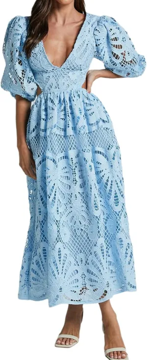 Melliflo Women 2025 Summer Puff Sleeve Maxi Dress Casual V Neck Hollow Out Eyelet Beach Sundress Swing A Line Boho Long Dress