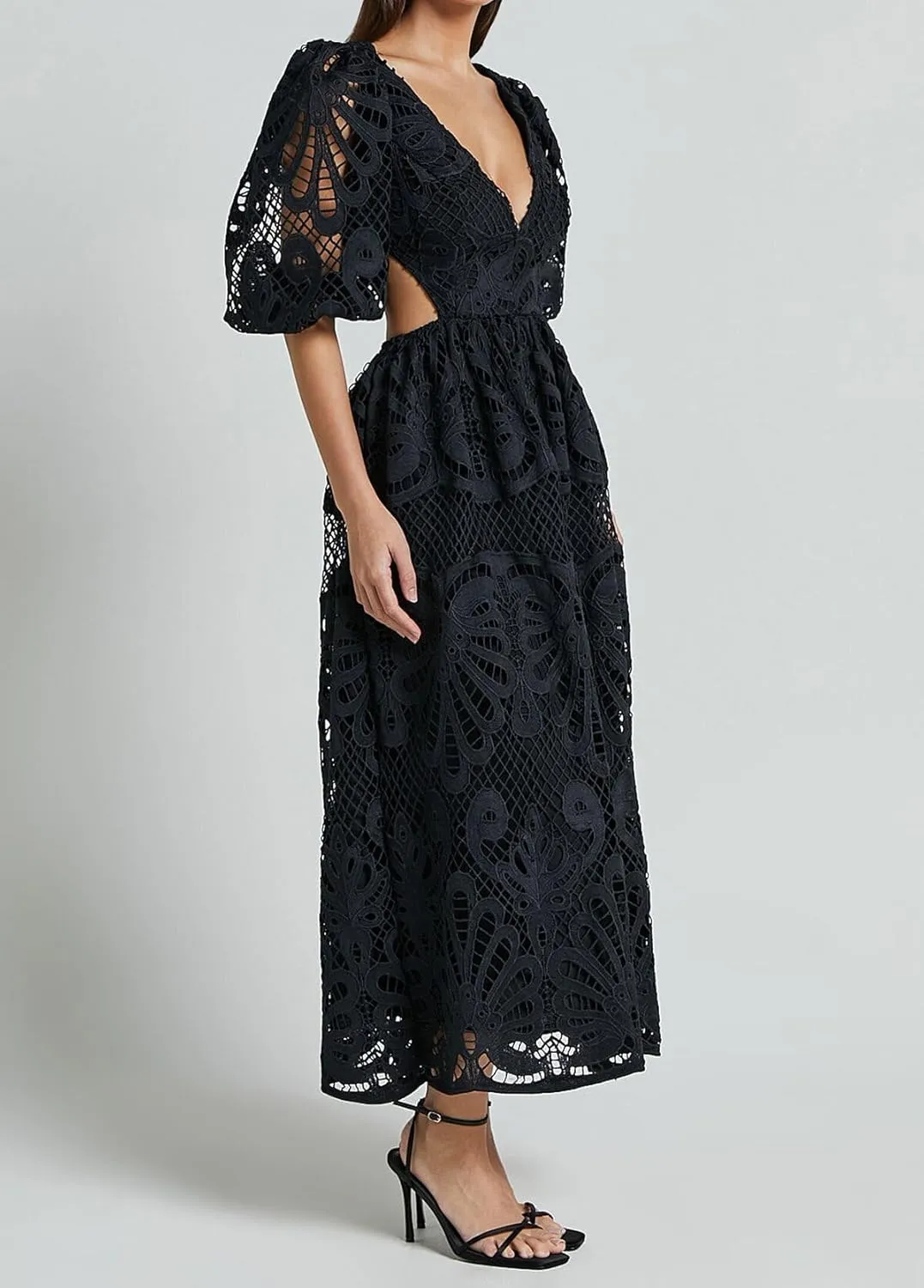 Melliflo Women 2025 Summer Puff Sleeve Maxi Dress Casual V Neck Hollow Out Eyelet Beach Sundress Swing A Line Boho Long Dress