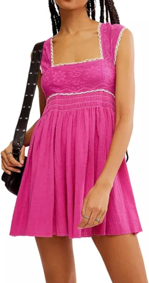 Melliflo Women's Floral Lace Trim Square Neck Mini Dress Summer Elastic Corset Sleeveless Flowy Lightweight Ruched Dress