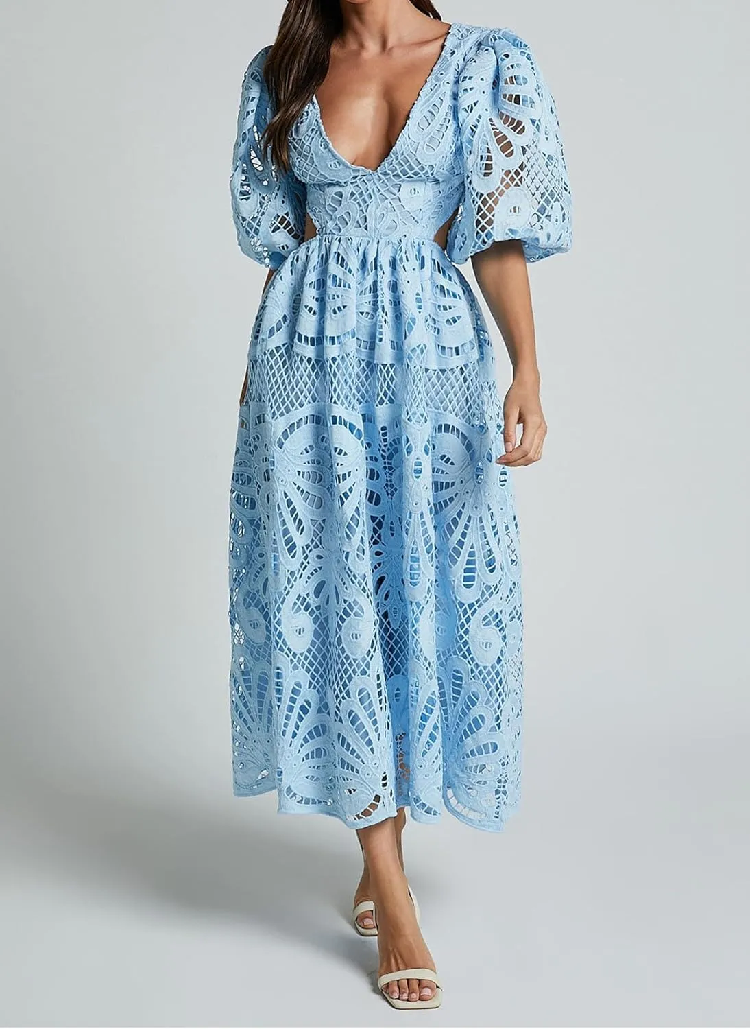 Melliflo Womens Summer Hollow Out Maxi Dress V Neck Puff Sleeve Cut Out Waist Long Dress Casual Beach Boho Sundress