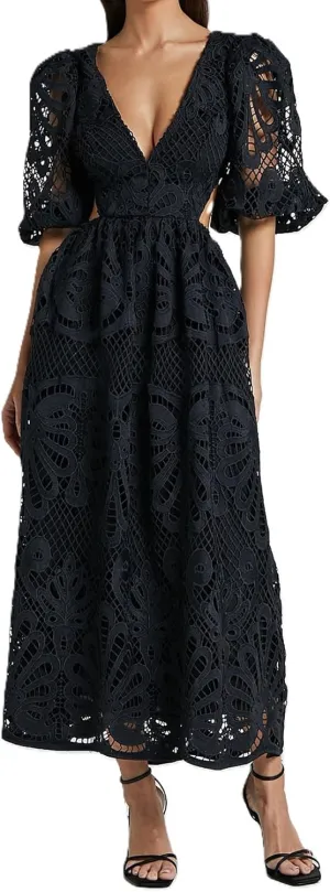 Melliflo Womens Summer Hollow Out Maxi Dress V Neck Puff Sleeve Cut Out Waist Long Dress Casual Beach Boho Sundress