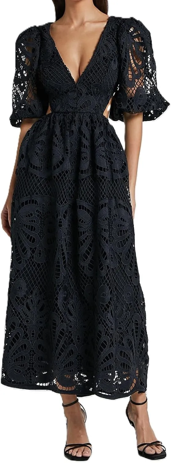 Melliflo Womens Summer Hollow Out Maxi Dress V Neck Puff Sleeve Cut Out Waist Long Dress Casual Beach Boho Sundress