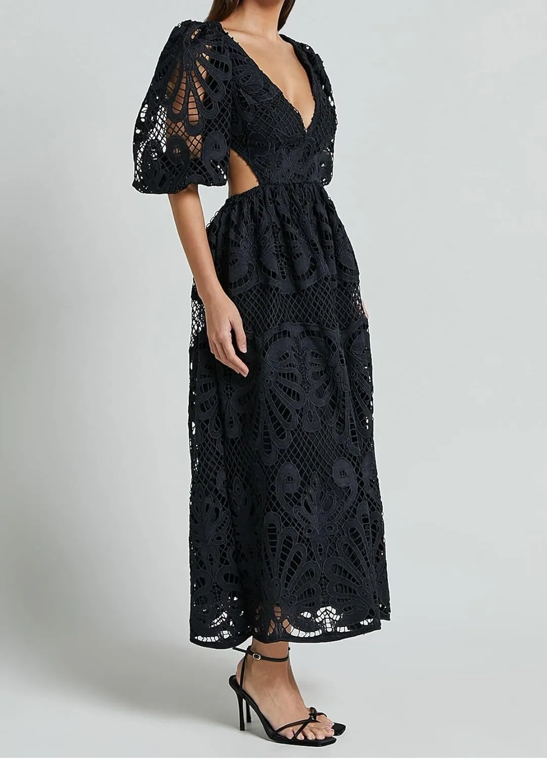 Melliflo Womens Summer Hollow Out Maxi Dress V Neck Puff Sleeve Cut Out Waist Long Dress Casual Beach Boho Sundress