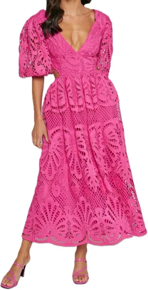 Melliflo Womens Summer Hollow Out Maxi Dress V Neck Puff Sleeve Cut Out Waist Long Dress Casual Beach Boho Sundress