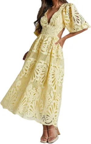Melliflo Womens Summer Hollow Out Maxi Dress V Neck Puff Sleeve Cut Out Waist Long Dress Casual Beach Boho Sundress