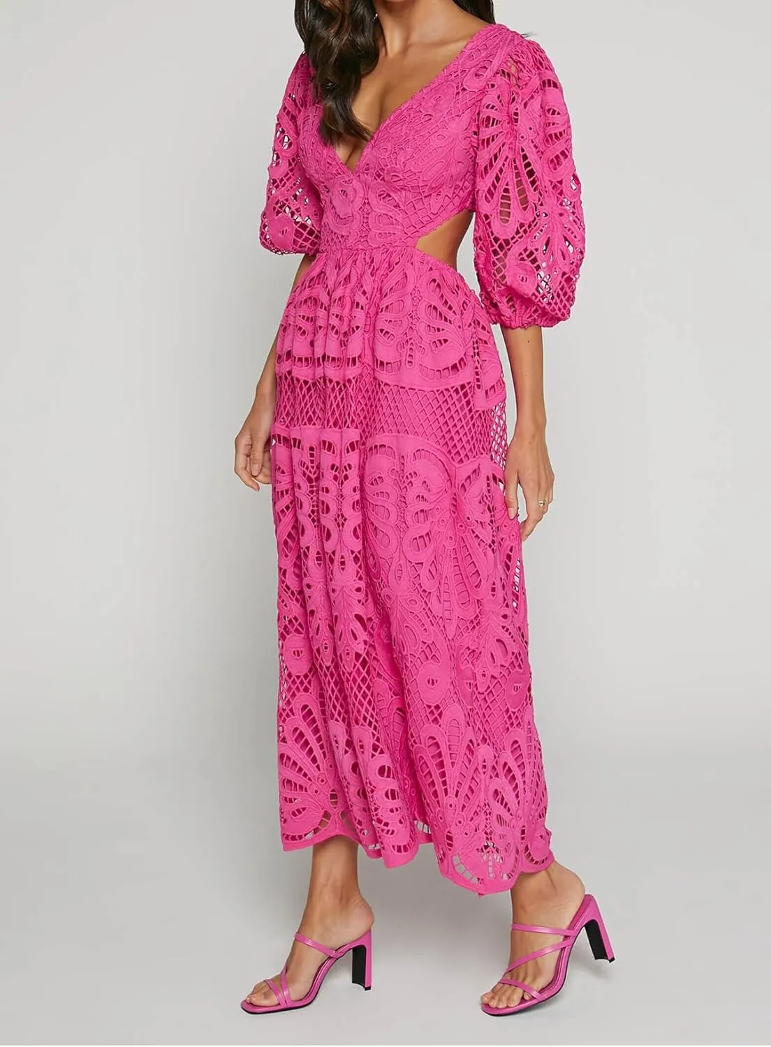 Melliflo Womens Summer Hollow Out Maxi Dress V Neck Puff Sleeve Cut Out Waist Long Dress Casual Beach Boho Sundress