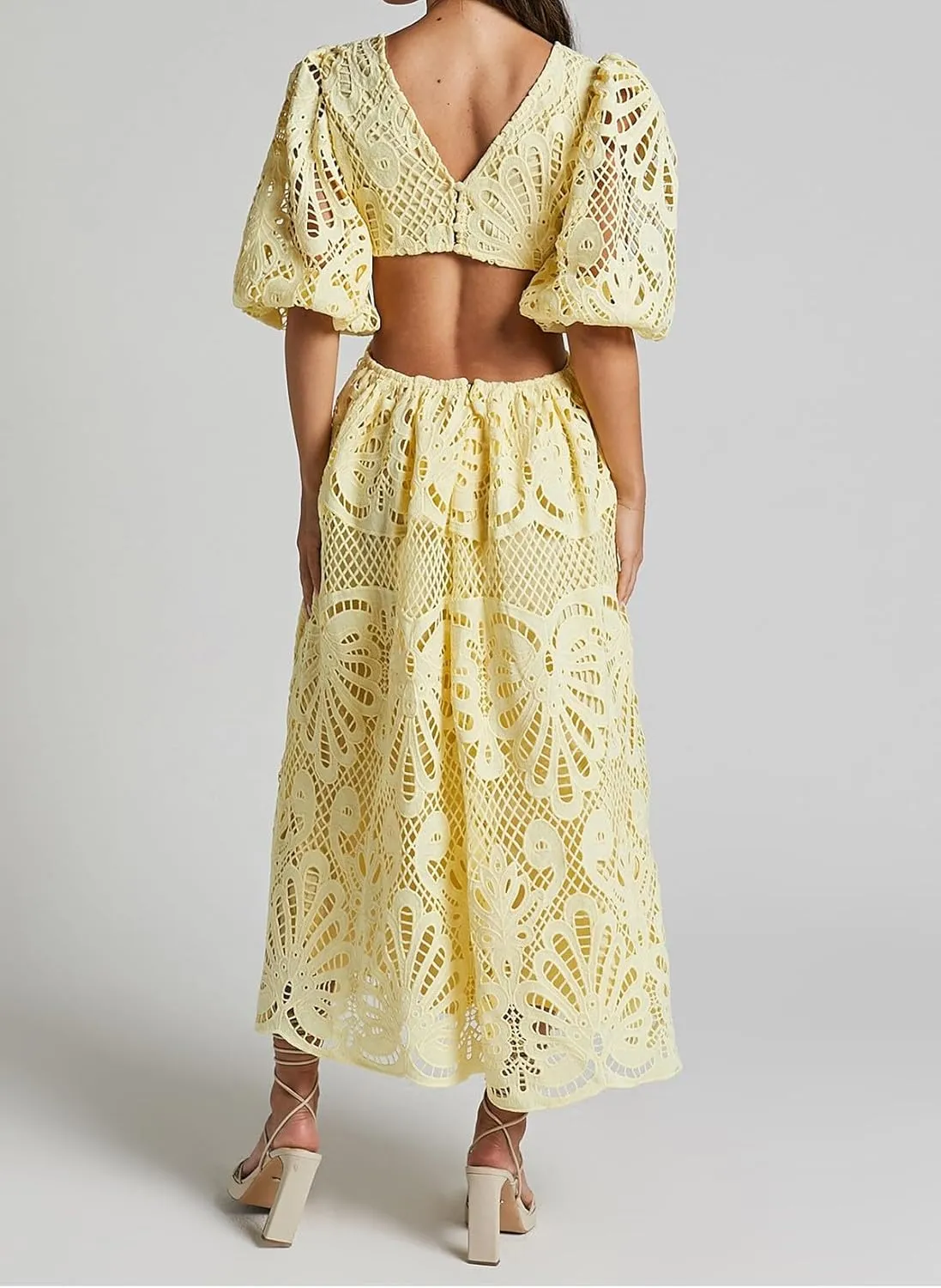 Melliflo Womens Summer Hollow Out Maxi Dress V Neck Puff Sleeve Cut Out Waist Long Dress Casual Beach Boho Sundress