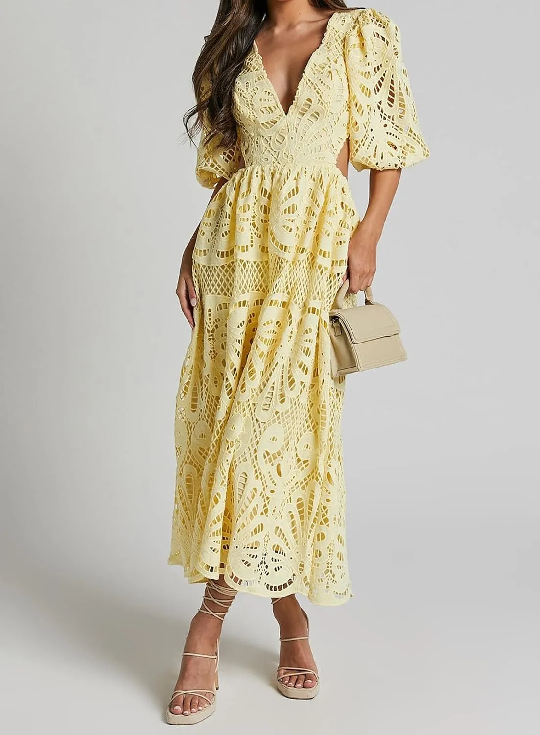 Melliflo Womens Summer Hollow Out Maxi Dress V Neck Puff Sleeve Cut Out Waist Long Dress Casual Beach Boho Sundress
