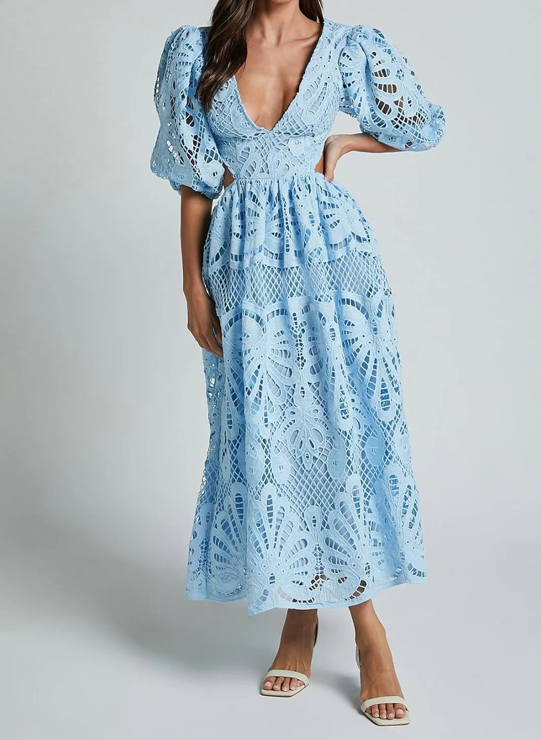 Melliflo Womens Summer Hollow Out Maxi Dress V Neck Puff Sleeve Cut Out Waist Long Dress Casual Beach Boho Sundress
