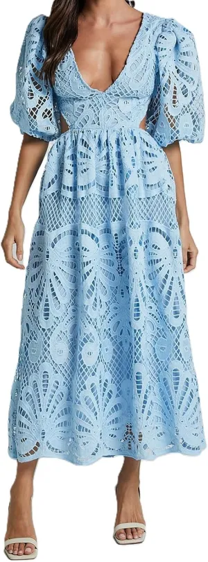 Melliflo Womens Summer Hollow Out Maxi Dress V Neck Puff Sleeve Cut Out Waist Long Dress Casual Beach Boho Sundress