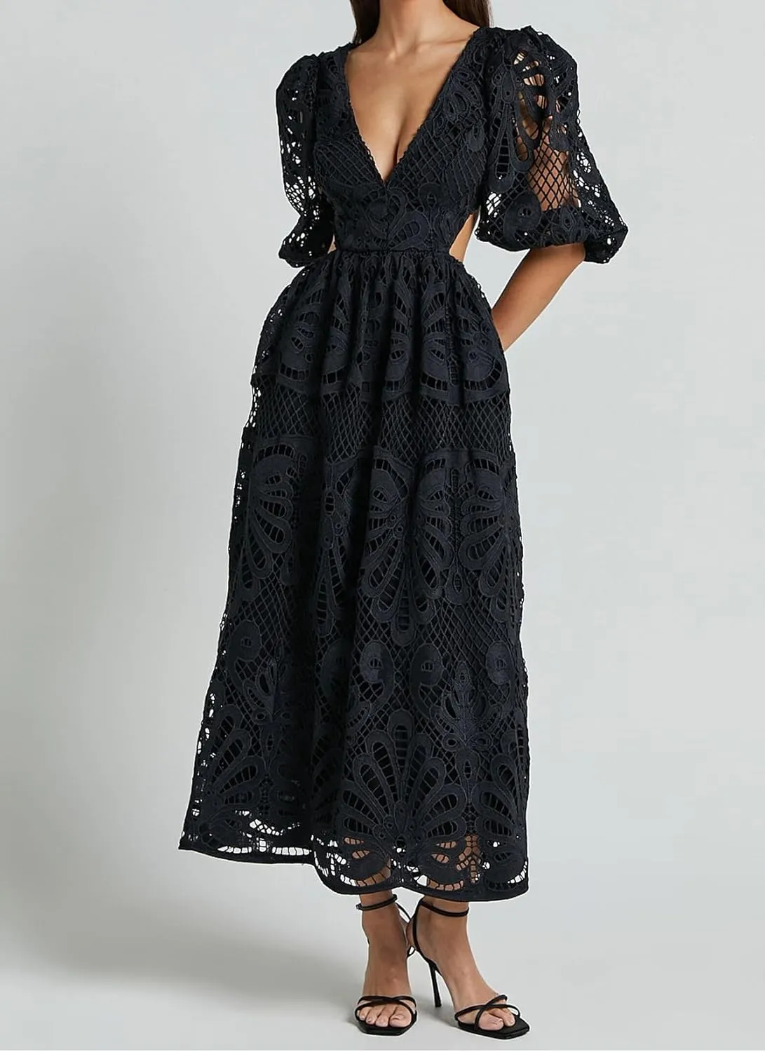 Melliflo Womens Summer Hollow Out Maxi Dress V Neck Puff Sleeve Cut Out Waist Long Dress Casual Beach Boho Sundress