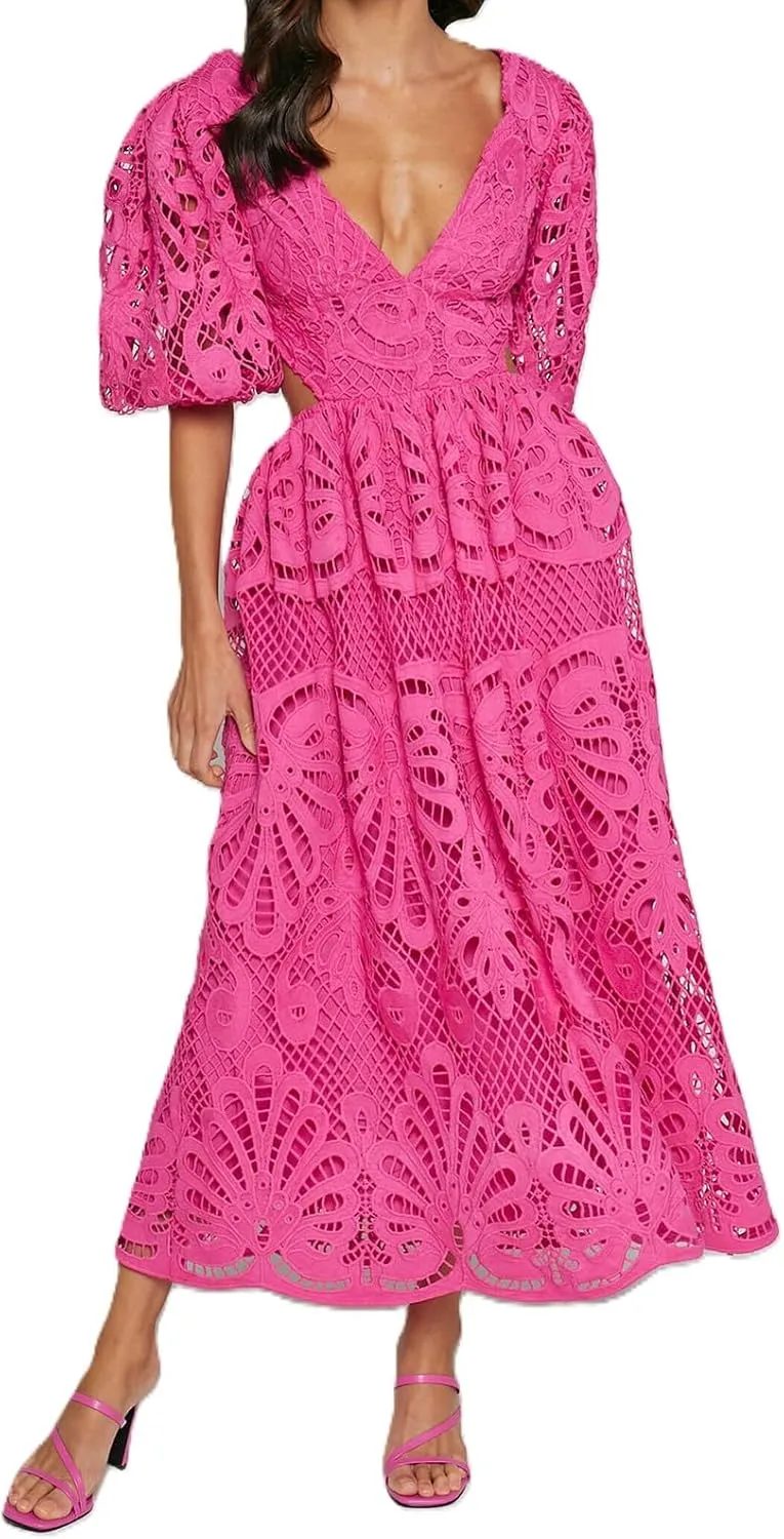 Melliflo Womens Summer Hollow Out Maxi Dress V Neck Puff Sleeve Cut Out Waist Long Dress Casual Beach Boho Sundress